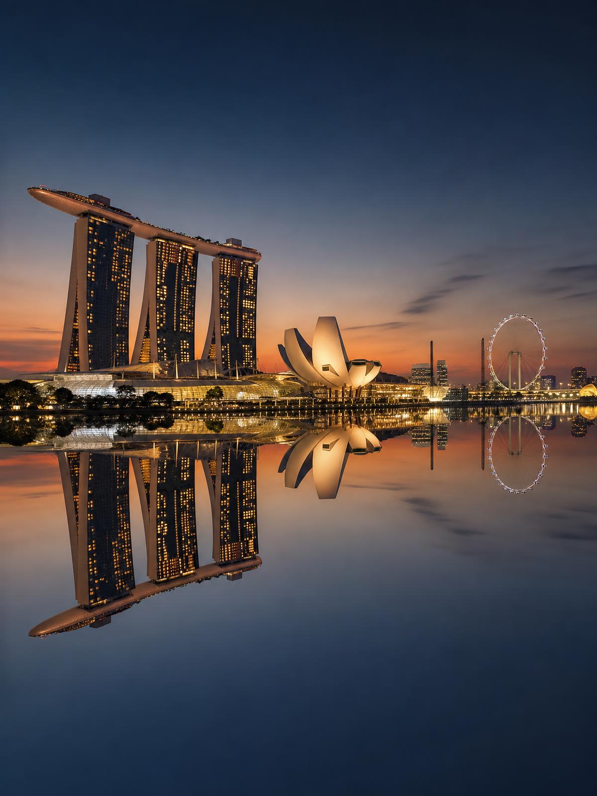 Marina Bay Sands and the Merlion, Singapore, at golden hour